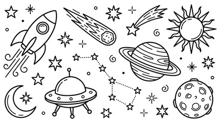 Outer space travel and celestial bodies doodle elements. © Amir