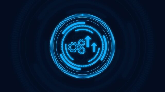 Blue futuristic interface layout with mechanical gears and up arrows. Industrial engineering symbol for work flow performance optimization data. Digital gear animation for tech UI.
