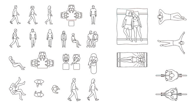 Architectural scale figures in top view and elevation, minimalist line art people vector set, human silhouettes for floor plans and sections