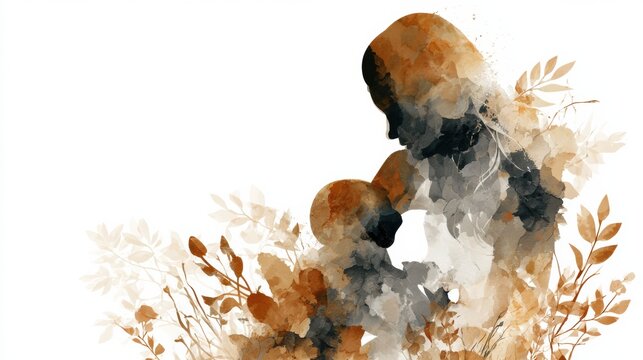 A mother breastfeeds her child in an abstract style. Warm colors and botanical shapes fill the scene, reflecting a bonding moment in nature.