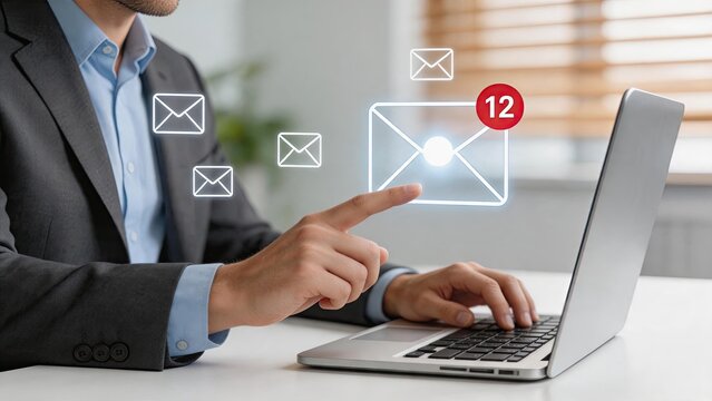 Businessman interacting with holographic email icons, digital communication concept, inbox management with notification badge, corporate messaging system, professional office