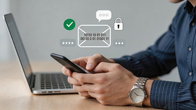 Person holding smartphone with secure messaging icons, binary code inside envelope symbolizing encrypted communication, data protection and privacy in digital era.