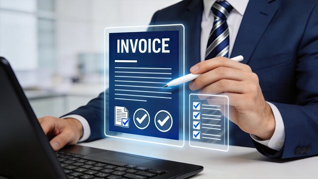 Businessman in suit using futuristic holographic invoice interface, digital finance concept with checkmarks and documents on screen for accounting and billing tasks.