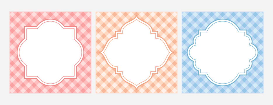 Arabic muslim frames vector set on vichy check seamless background. Empty border template design for tablecloth textile, picnic blanket. Gingham checkered geometric islamic windows in oriental style