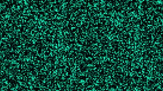 Teal pixelated static noise texture grain background on black. Digital signal noise for media video playback failure glitch overlay. Digital analog signal noise animation for monitor.