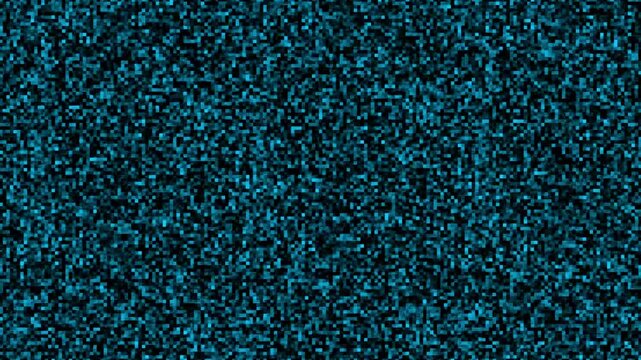 Blue pixelated static noise pattern grain background on black. Digital signal noise for computer software crash video glitch overlay. Digital analog signal noise animation for monitor.
