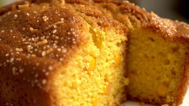 Appetizing golden brown loaf cake crust topped with large sugar crystals, revealing the moist interior texture in a macro food shot.