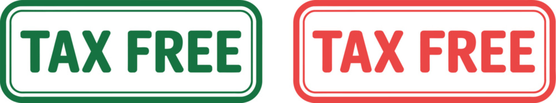 Tax free stamp set, green and red rectangular stamp icons for discount exemption approval marking and commerce packaging design.