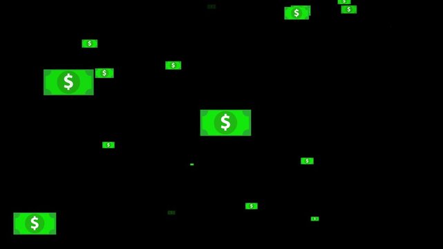 Green dollar signs matrix code floating on black background. Financial market symbol for investment stock trading revenue success. Digital dollar signs animation for wealth profit.