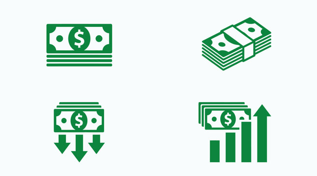 Four green finance icons showing bills, bundles, spending decrease, and growth chart, symbolizing money flow, investment, savings, and profit.