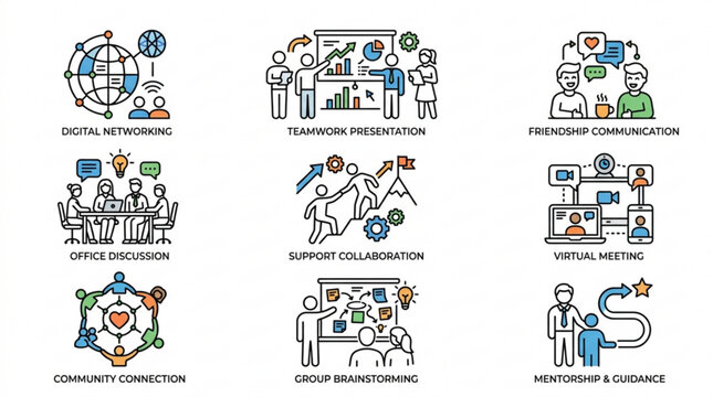 Colorful business line icons for digital networking and team brainstorming office discussions