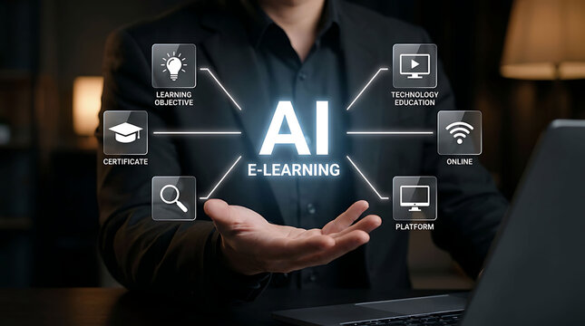 AI E learning concept with digital icons and laptop in businessman hand