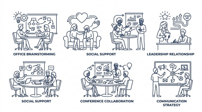 Collection of office brainstorming and social support line icons for business communication