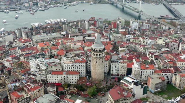 Galata Tower Aerial Drone View with Golden Horn in Background Istanbul Turkey