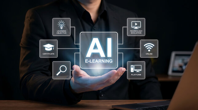 Businessman holding AI e learning concept icon on virtual screen with computer