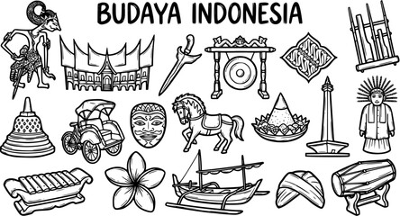Indonesia Culture Icons Set: Traditional Symbols, Landmarks, Arts, Music - Black and White Line Art © pixsource