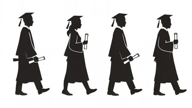 Silhouettes of graduate students walking with diplomas in hands. Continuous loop animation of graduation caps and gowns on white background