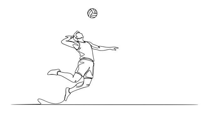 Continuous line drawing of a male volleyball player spiking the ball during a game.