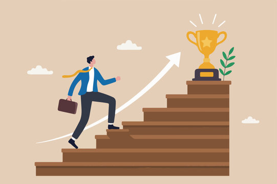 Success in business, career opportunity or business growth to reach target concept, smart successful businessman step up on wooden stairs to reach winner achievement trophy on top of the stair case
