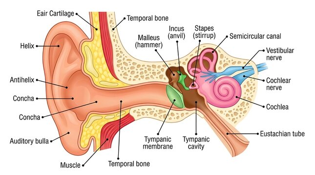 Educational vector info graphic of the human auditory system with text labels