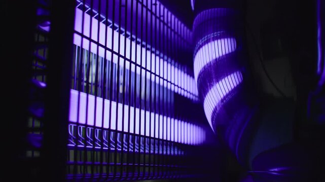Electric ultraviolet mosquito trap machine with glowing purple tubes inside protective grid designed to attract flying insects and eliminate mosquitoes during warm summer months