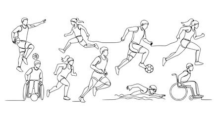 Obraz premium Diverse Athletes Line Art: Running, Swimming, Wheelchair Sports, Soccer - Active Lifestyle