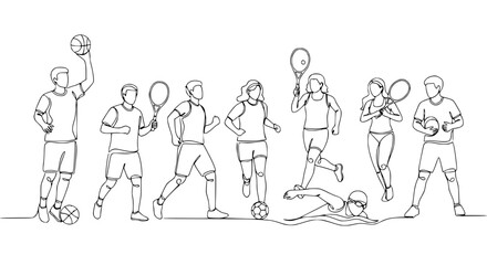 Fototapeta premium Diverse Athletes Line Art: Sports Activities Collection - Basketball, Tennis, Soccer, Swimming