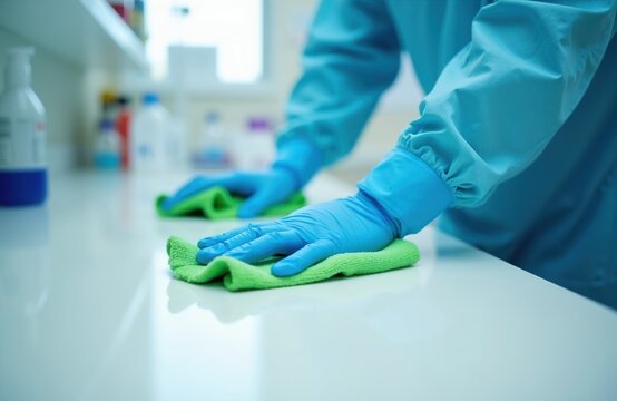 Healthcare worker in blue scrubs and gloves cleans lab bench with green cloth. Hands sanitize sterile surface maintaining hygiene for safety. Medical pro practices cleanliness in laboratory setting.
