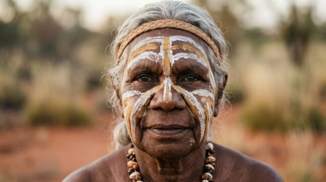 Portrait of an aboriginal woman with traditional face paint and braided hair in outback landscape
