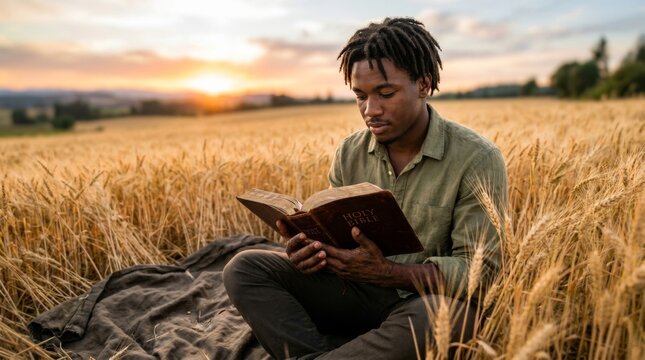 A young African American man reads the Bible in a sun-drenched, golden wheat field at sunset, finding joy in both knowledge and nature&mdash;a moment of connection with God and faith.