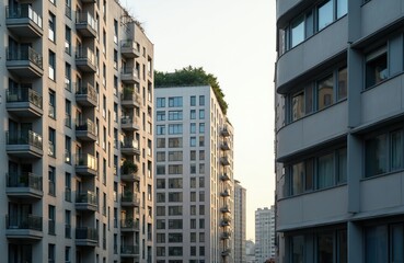 Naklejka premium Modern apartment buildings with repeating balconies and windows. Residential complex facade features geometric patterns and depth. Cityscape view with contemporary urban architecture.