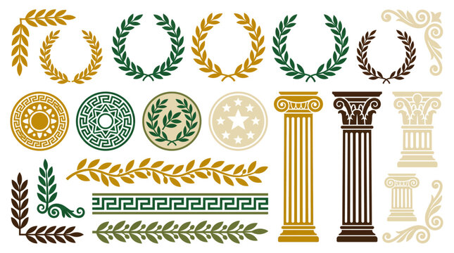 Roman laurel ornament vector set with wreaths, olive leaves, columns, medallions and classical decorative border elements