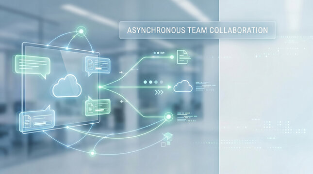 Futuristic async team collaboration concept with connected communication nodes, cloud messaging systems and shared workflow updates, remote teamwork platform, enterprise productivity technology bg