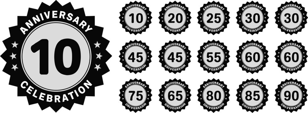 Anniversary celebration vector badges set, featuring various year numbers and black stamp designs