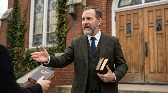 A Protestant minister greets a parishioner, holding a book in his hand. Communities and Faiths. Baptism.