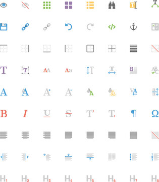 Minimalist text editor icons set, 72 colorful flat vector symbols for typography and word processing, essential UI elements for web design