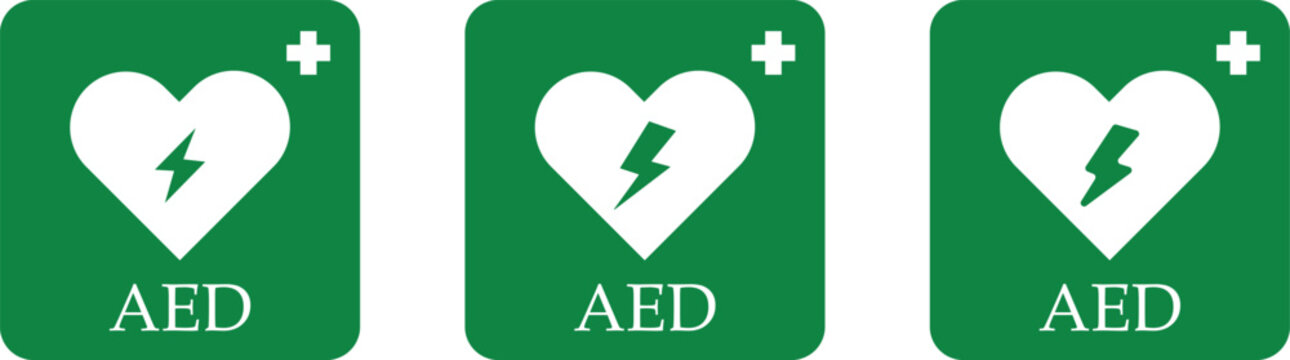 AED AID CPR. Vector green red isolated icon CPR. Cpr and aed signs emergency first aid healthcare medical safety