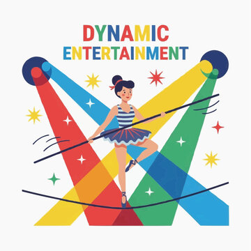 Graceful female acrobat balances on tightrope in striped top. Vibrant multi-colored spotlights illuminate dynamic entertainment stage.