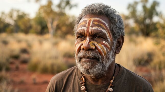 Indigenous elder with traditional face paint looking contemplative in the outback. Aboriginal man with painted face and beard against a desert