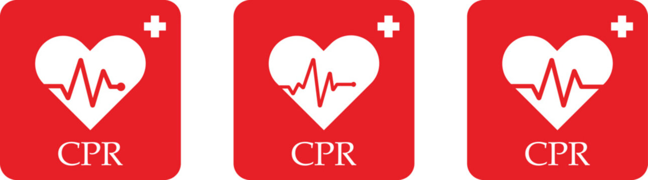 AED AID CPR. Vector green red isolated icon CPR. Cpr and aed signs emergency first aid healthcare medical safety
