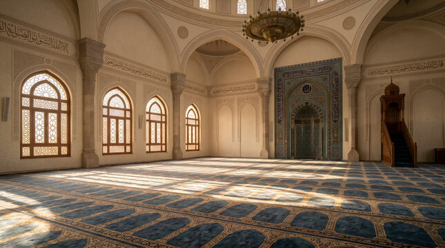 Serene Mosque Interior with Sunlight Rays and Islamic Architecture