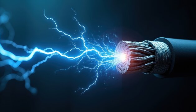 Close up view of frayed electrical cable end emitting bright blue lightning bolts. Energy discharge flashes on dark background, wire overload concept.