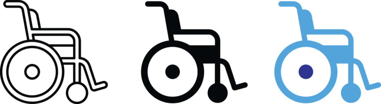 Medical invalid wheelchair disability equipment vector icons illustration set flat silhouette