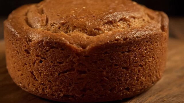 Macro close-up of freshly baked rustic loaf crust. appetizing golden brown texture of homemade whole grain bread or cake on a dark wooden surface.