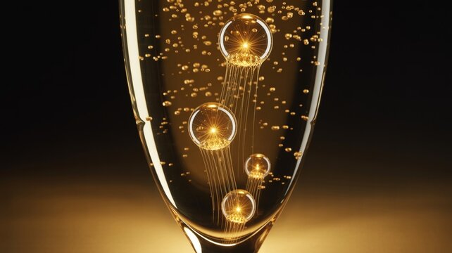 Golden champagne bubbles forming delicate fiber optic network &ndash; Ideal for high-tech gala promotions, telecommunication events, or premium digital themes.