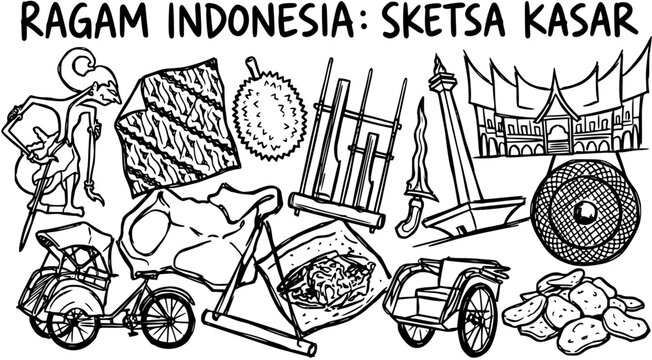 Black and White Line Art Doodle Sketch of Indonesian Culture and Travel Icons: Wayang, Batik, Monas, Angklung, Keris, Becak, Traditional House, Durian, and Food