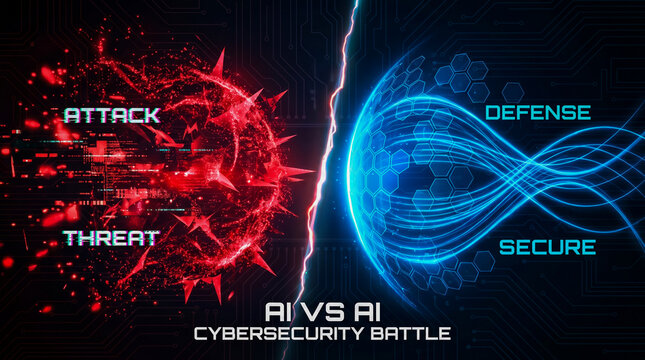 Conceptual AI versus AI cybersecurity battle with attack and defense digital visualization