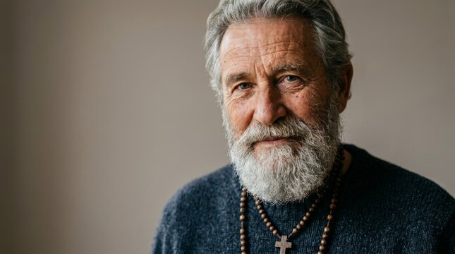A pensive elderly man with a beard and a cross around his neck, against a solid gray background.