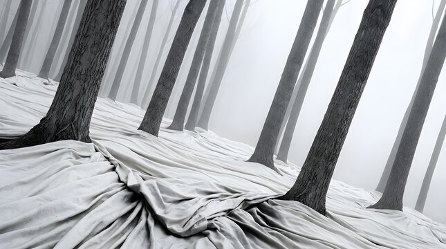 dramatic forest landscape with trees covered in gray fabric