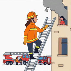 Fototapeta premium Female firefighter scales ladder. Child peers from smoking building window. Fire trucks are below for emergency rescue operation.